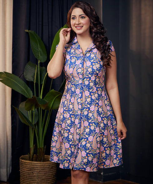 Princess Line Printed Blue Shirt Dress